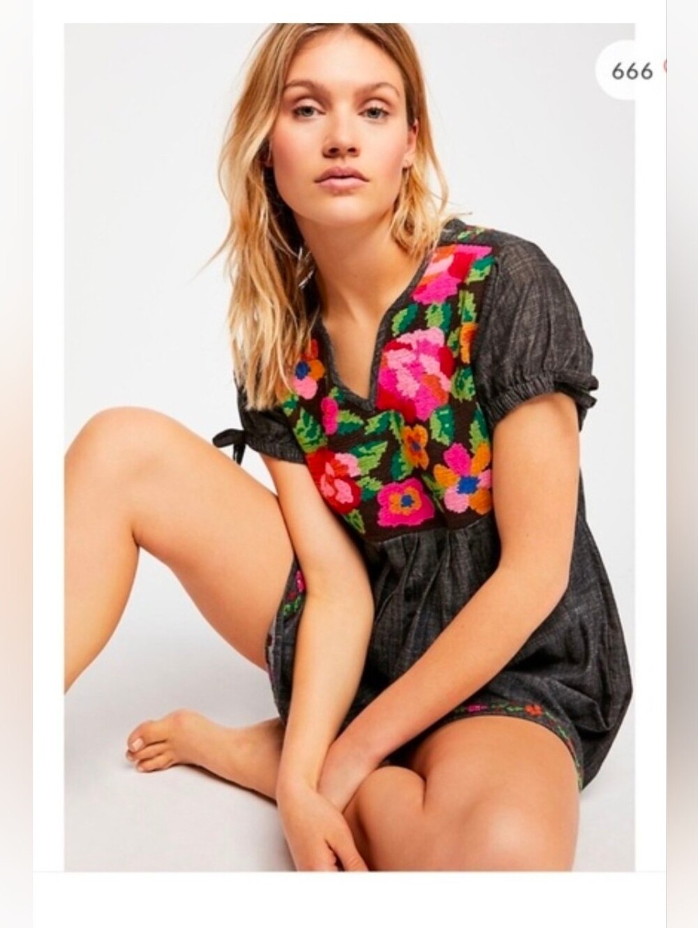 NWT Free People Charcoal Mini Dress with Bright Floral Embroidery Size Large
